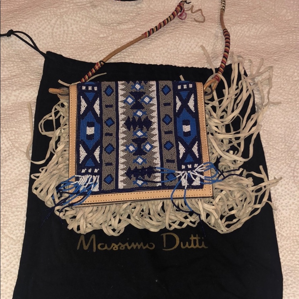 Massimo Dutti Blue and Tan Beaded Fringe Crossbody Mini Bag